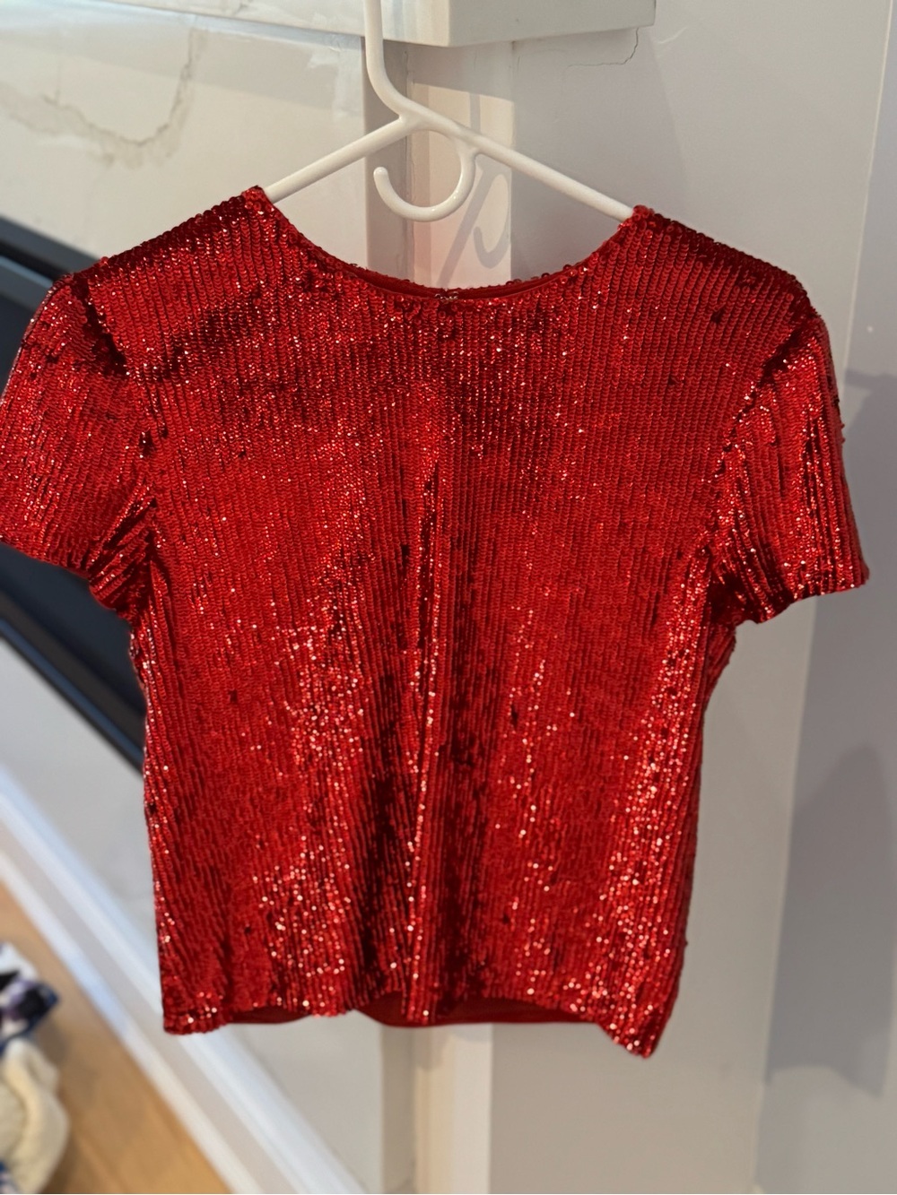 Red Sequin Short Sleeve Crewneck Top